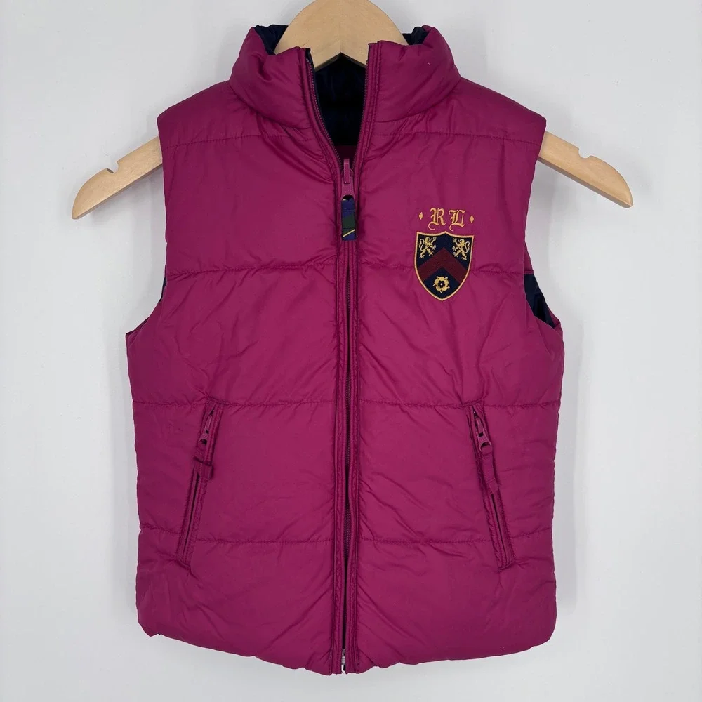 Polo Ralph Lauren Reversible Down Puffer Vest Girls Size 7 Pink Navy Blue Crest